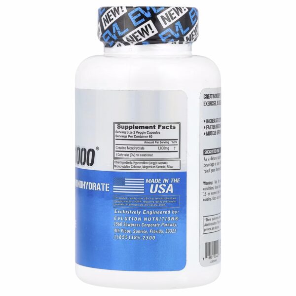 EVLution Nutrition, Creatine1000®, 1.000 mg, 120 Veggie Κάψουλες (500 mg ανά Κάψουλα) - Image 2
