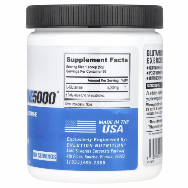 EVLution Nutrition, Glutamine5000®, Χωρίς γεύση, 10,58 oz (300 g) - Image 2